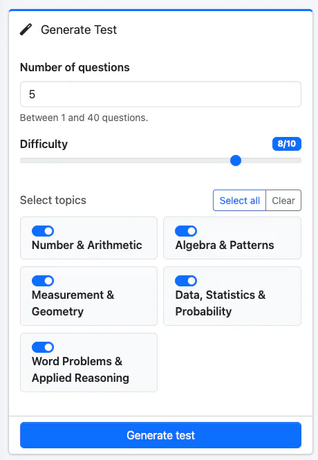 Controls for question count, difficulty, and mathematical-reasoning topics