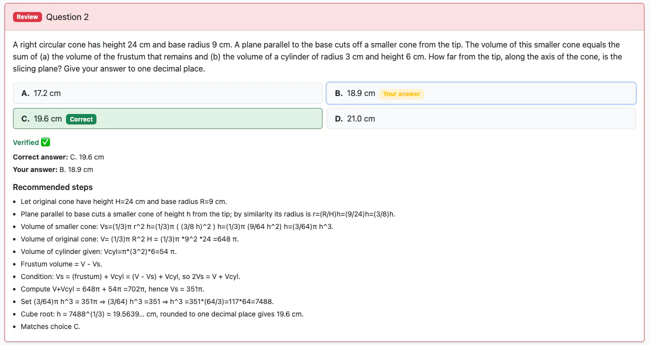 Worked feedback showing the selected answer, correct answer, and recommended steps