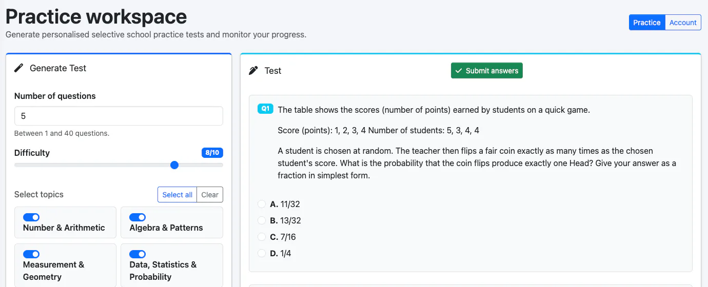 Practice workspace showing topic controls and generated mathematical-reasoning questions